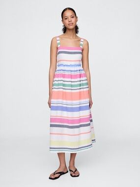NWT L Women’s Maxi Rainbow Striped Dress, Pockets, Adjustable Straps Cotton